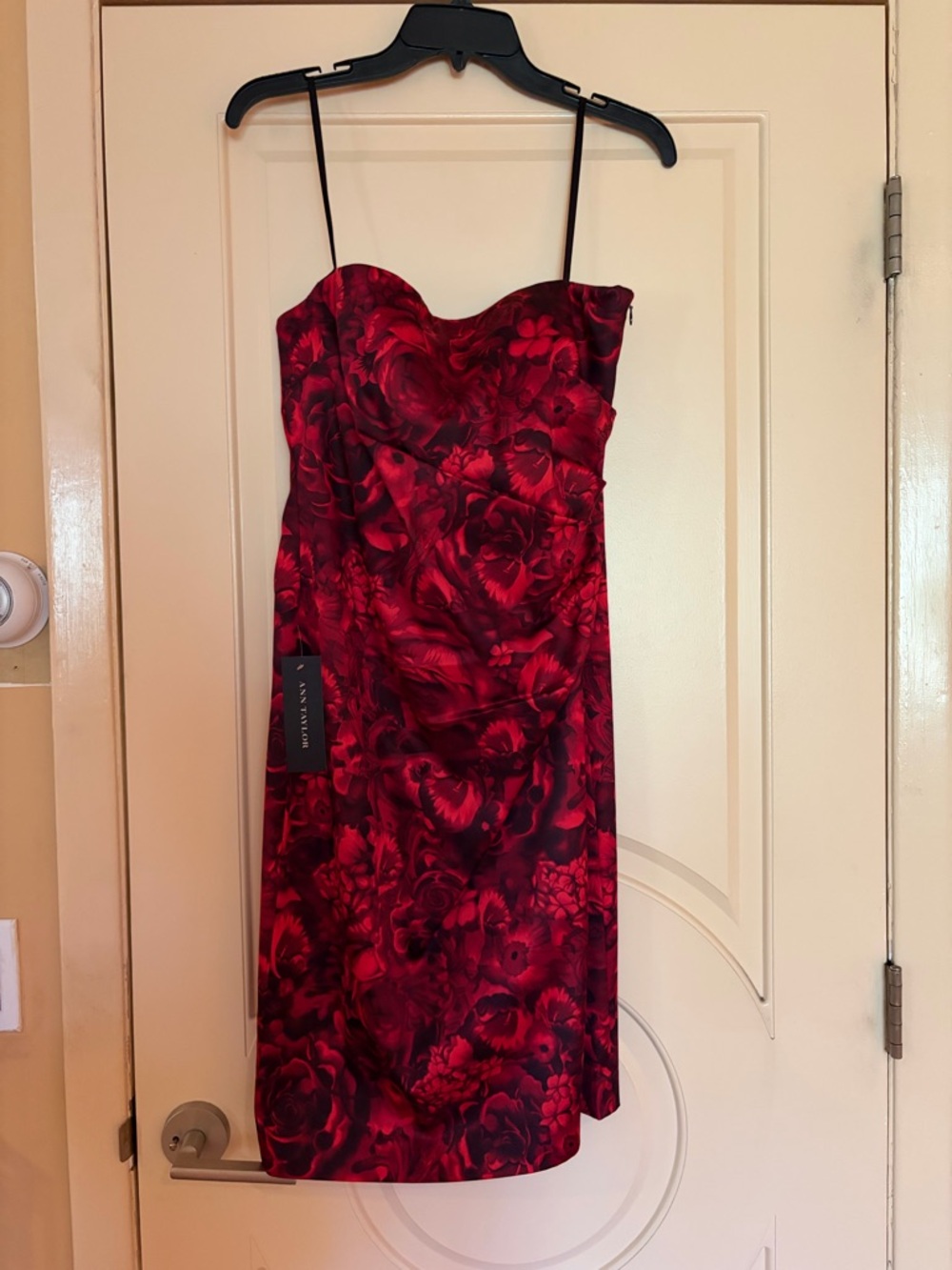 Ann Taylor Red and Black Floral Strapless Sheath Dress
